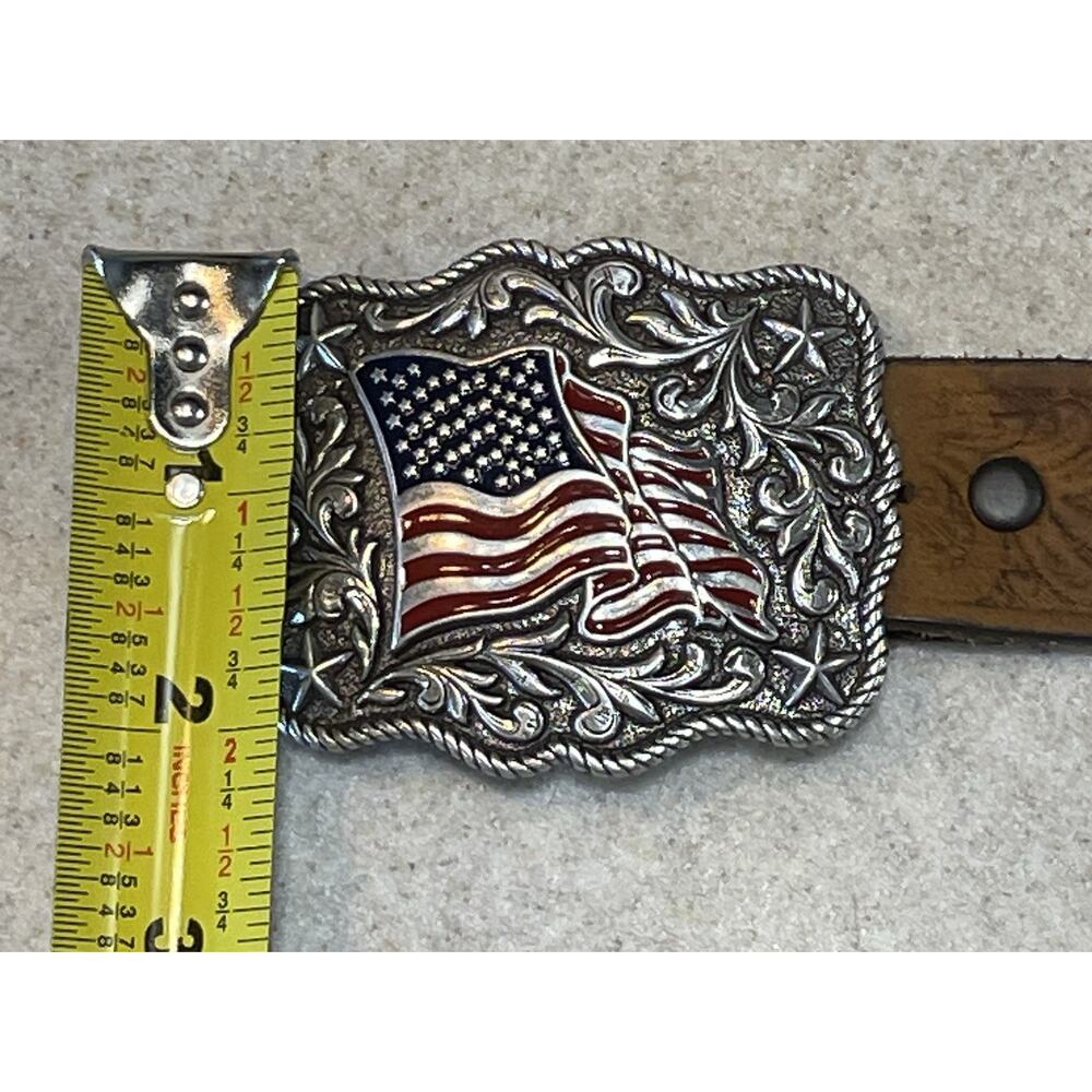 Justin Floral Tooled Leather Kids Belt American Buckle Brown Size -24 USA Flag - Picture 11 of 14